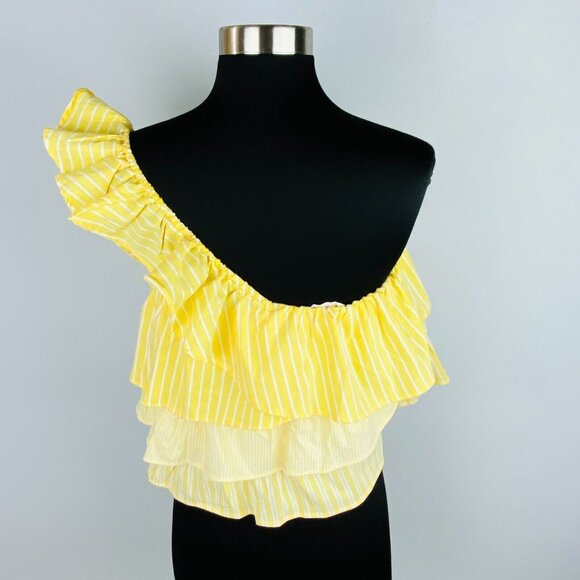 Maeve By Anthropoloigie Top Crop Womans Yellow White Stroped Ruffle One Sleeve S - Picture 4 of 5